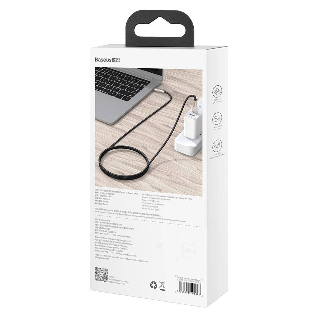 کابل 1 متری دو سر تایپ سی 100 وات بیسوس Baseus Cable USB-C to USB-C Baseus Cafule, 100W, 1m black CATJK-C01