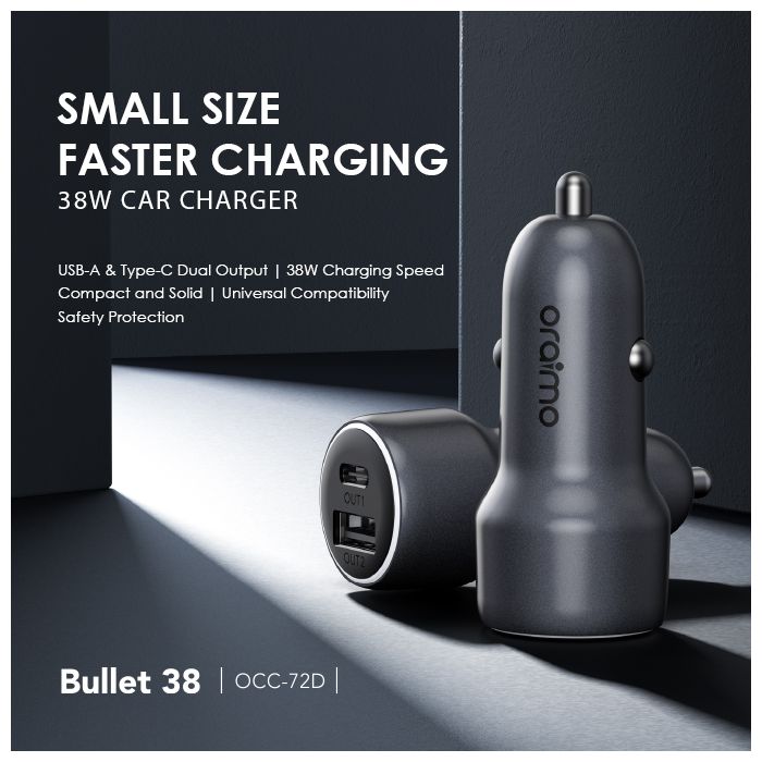 شارژر فندکی 38 وات اورایمو مدل Oraimo Bullet 38 OCC-72D Dual Port Car Charger 38W