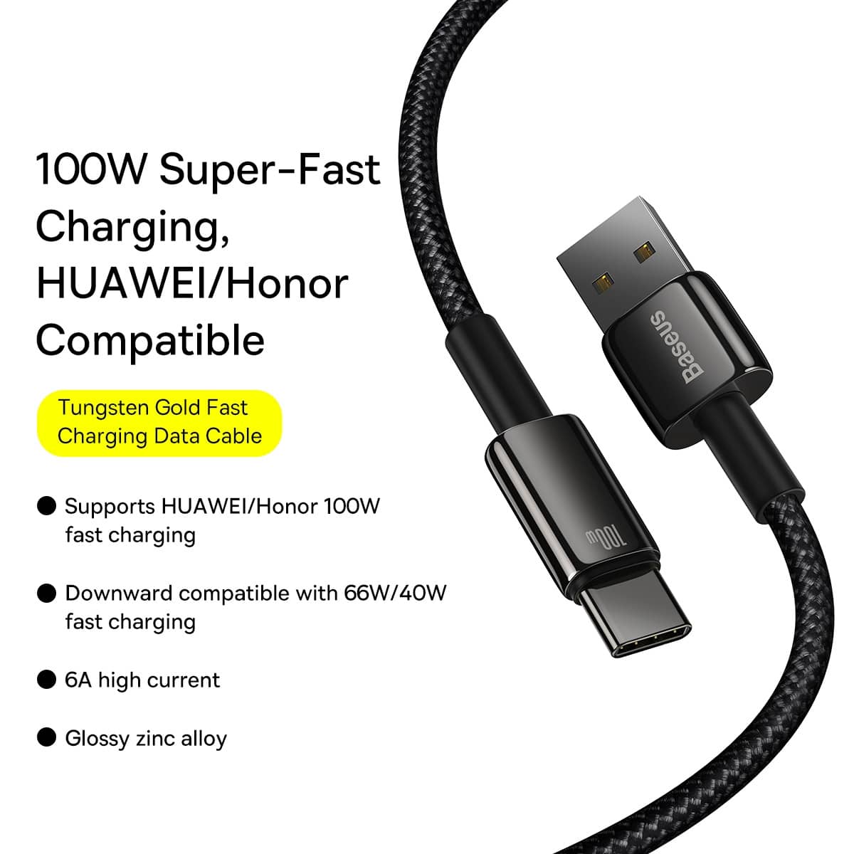 کابل شارژ 1 متری USB به Type-C بیسوس 100 وات مدل Baseus Tungsten Gold Fast Charging Data USB to Type-C 100W 1M CB000026 CAWJ000001