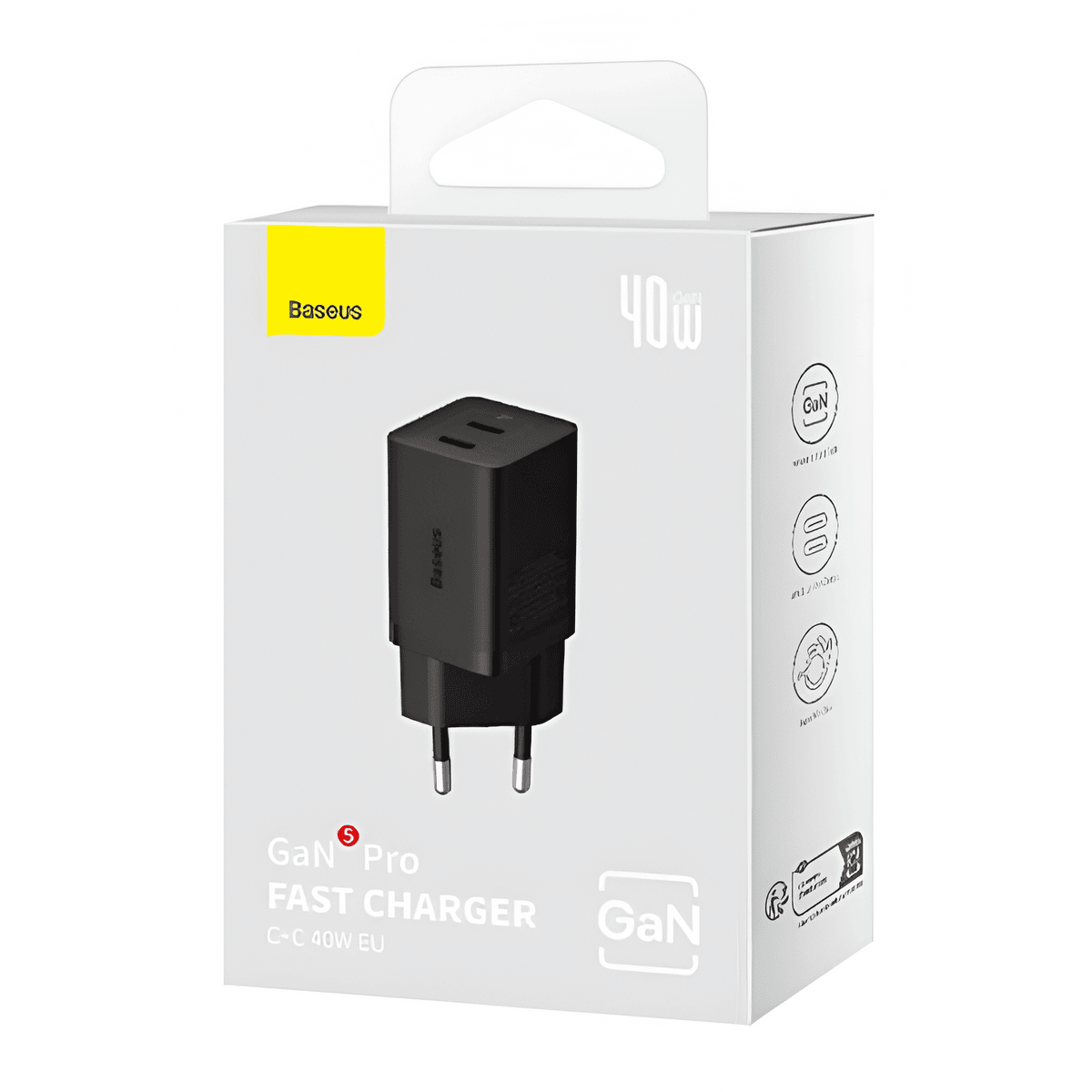 شارژر دیواری 40 وات بیسوس مدل Baseus GaN5 Pro Fast Charger C+C 40W EU CCGAN40CE-M
