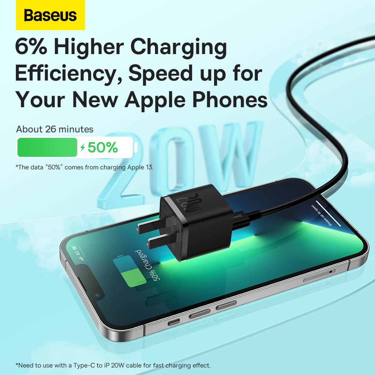 شارژر دیواری 20 وات بیسوس مشکی مناسب آیفون مدل Baseus GaN5 Fast Charger Type C 20W CN Mini
