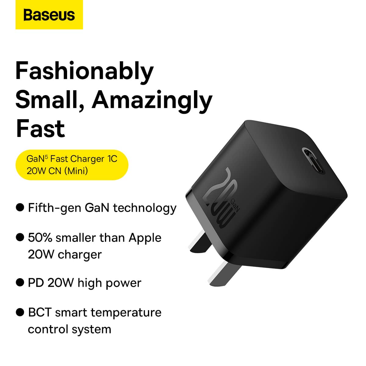 شارژر دیواری 20 وات بیسوس مشکی مناسب آیفون مدل Baseus GaN5 Fast Charger Type C 20W CN Mini