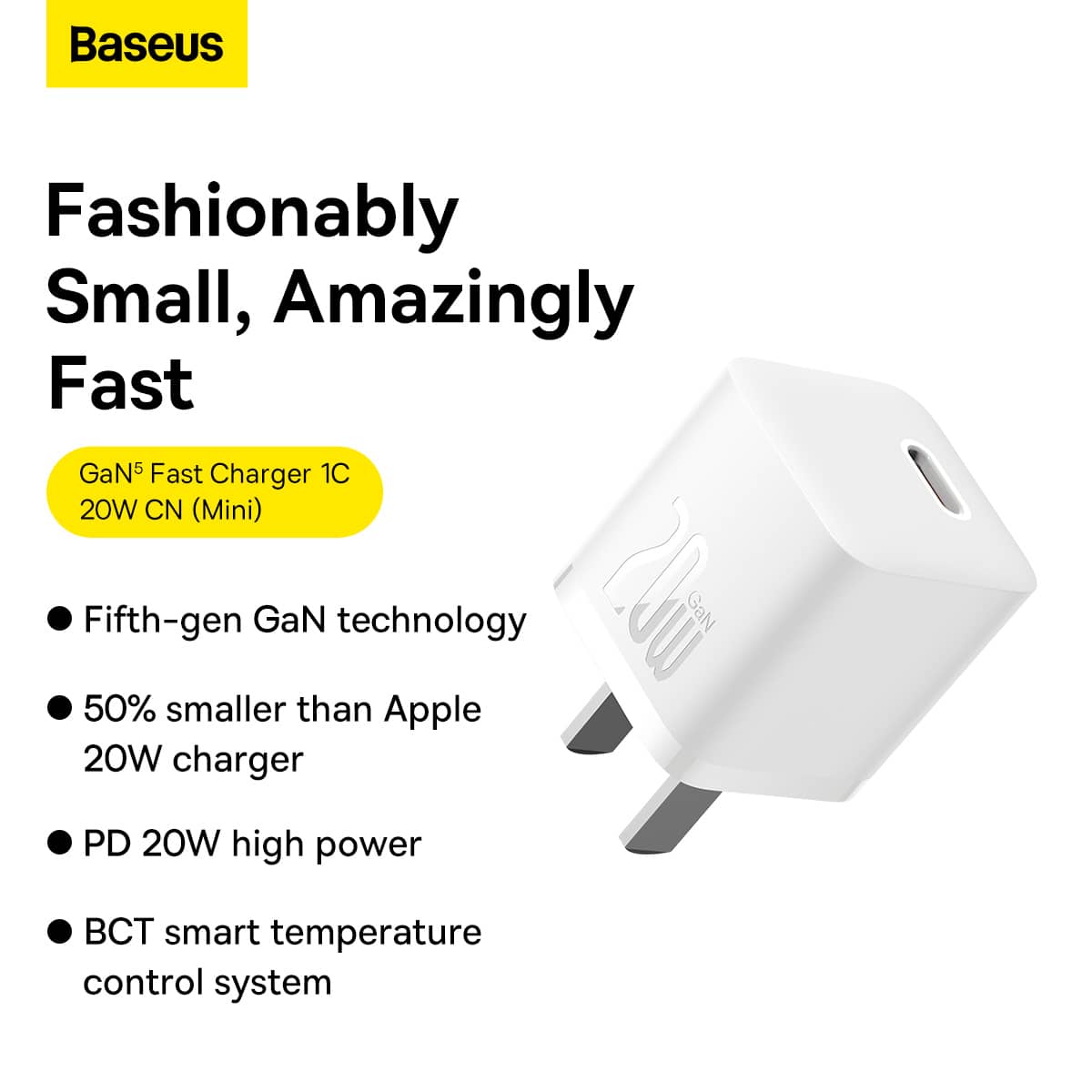 شارژر دیواری 20 وات بیسوس به همراه کابل مناسب آیفون مدل Baseus GaN5 Fast Charger 1C 20W CCGN040102