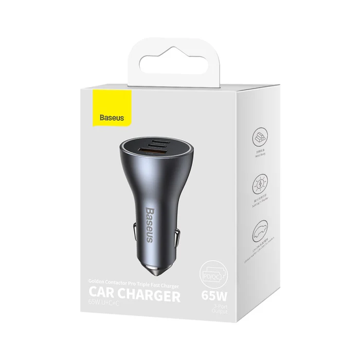 شارژر فندکی 65 وات بیسوس مدل Baseus Golden Contactor Pro Car Charger 65W U+C+C CCJDZ65-UC