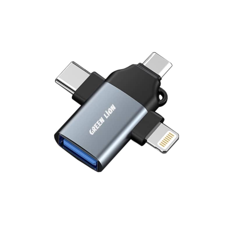 تبدیل او تی جی USB3.0 به Type-C/Lightning/MicroUSB گرین لاین مدل Green Lion GN3IN1OTGGY 3in1 USB 3.0 To Lightning/Micro/Type-C OTG