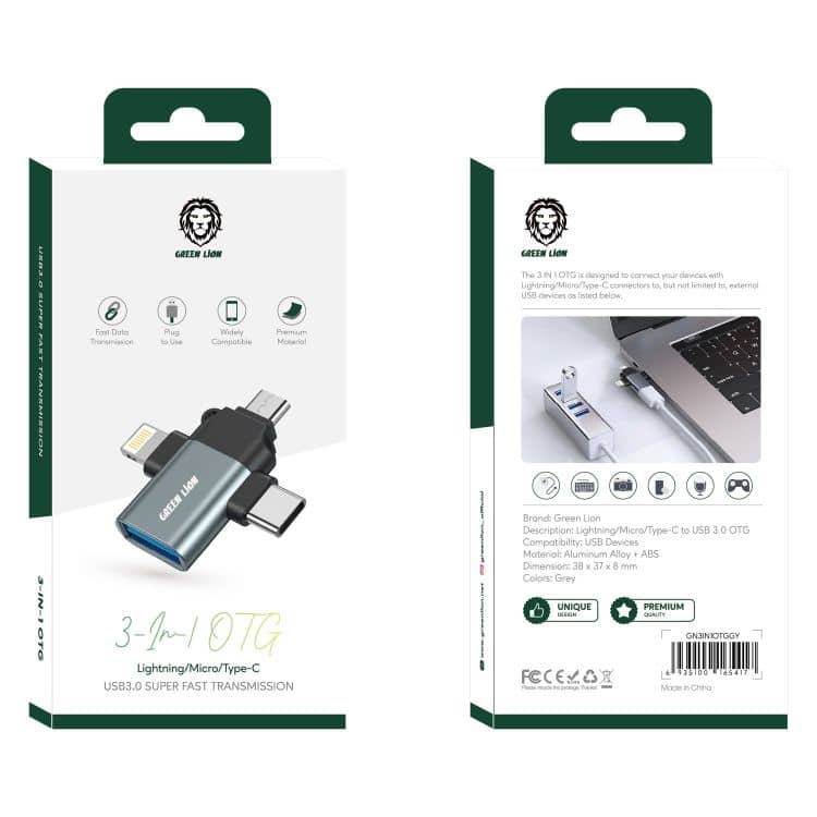 تبدیل او تی جی USB3.0 به Type-C/Lightning/MicroUSB گرین لاین مدل Green Lion GN3IN1OTGGY 3in1 USB 3.0 To Lightning/Micro/Type-C OTG