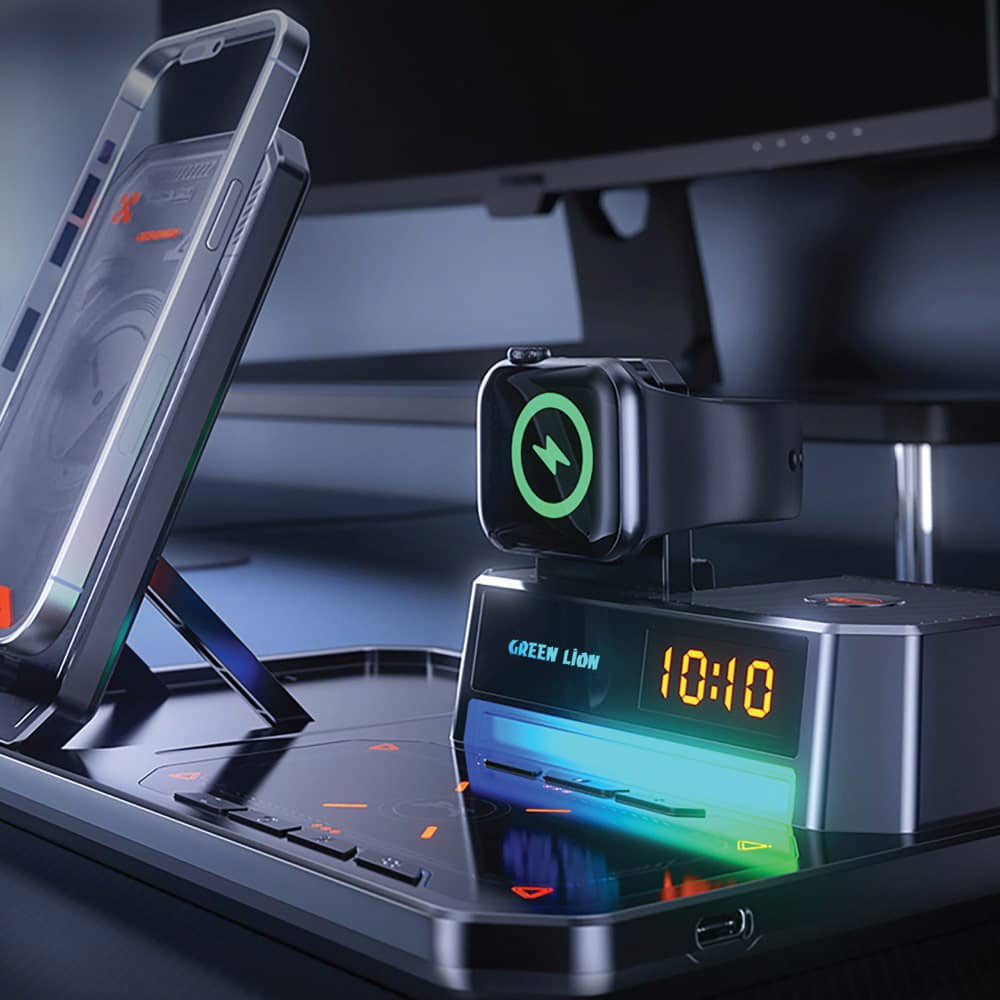 شارژر وایرلس 6 کاره گرین لاین 15 وات مدل Green Lion 6 in 1 Multifunctional Wireless Charger 15W GN6IN1MFWCBK