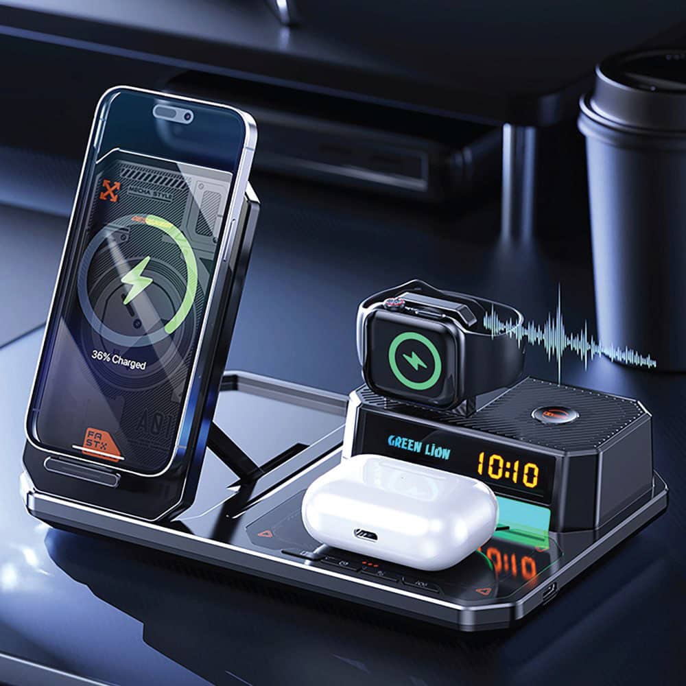 شارژر وایرلس 6 کاره گرین لاین 15 وات مدل Green Lion 6 in 1 Multifunctional Wireless Charger 15W GN6IN1MFWCBK