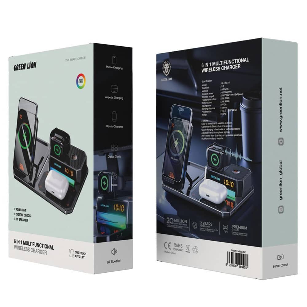 شارژر وایرلس 6 کاره گرین لاین 15 وات مدل Green Lion 6 in 1 Multifunctional Wireless Charger 15W GN6IN1MFWCBK