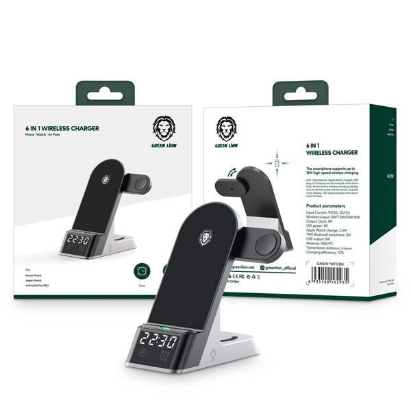 شارژر وایرلس 6 کاره گرین لاین توان 15 وات مدل Green Lion 6 IN 1 Wireless Charger Stand