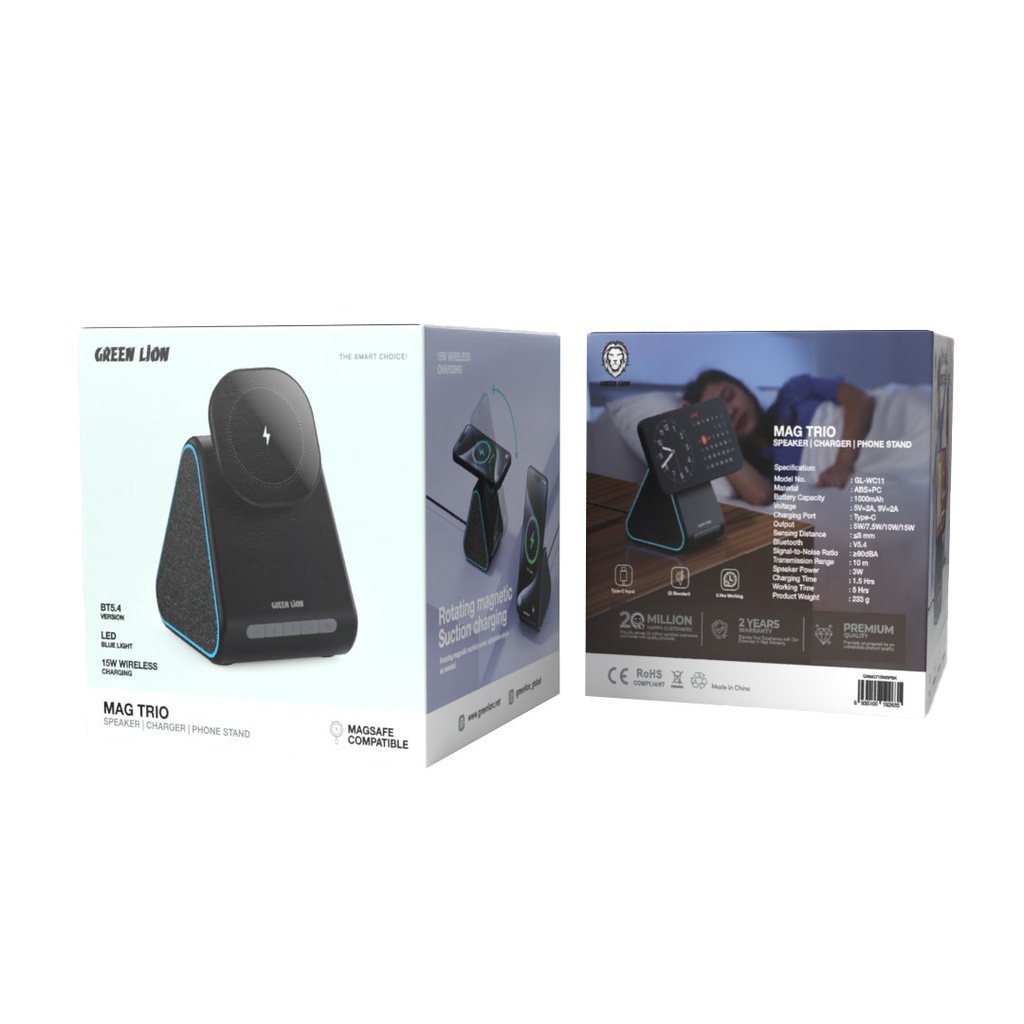 شارژر وایرلس 3 کاره گرین لاین توان 15 وات مدل Green Lion Mag Trio Speaker, Charger, Phone Stand GNMGT15WSPBK