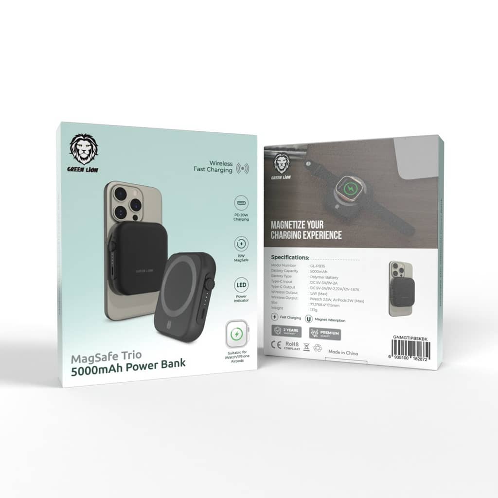 پاوربانک مگ سیف گرین لاین مدل Green Lion MagSafe Trio Power Bank 5000mAh PD 20W GNMGTIPB5KBK