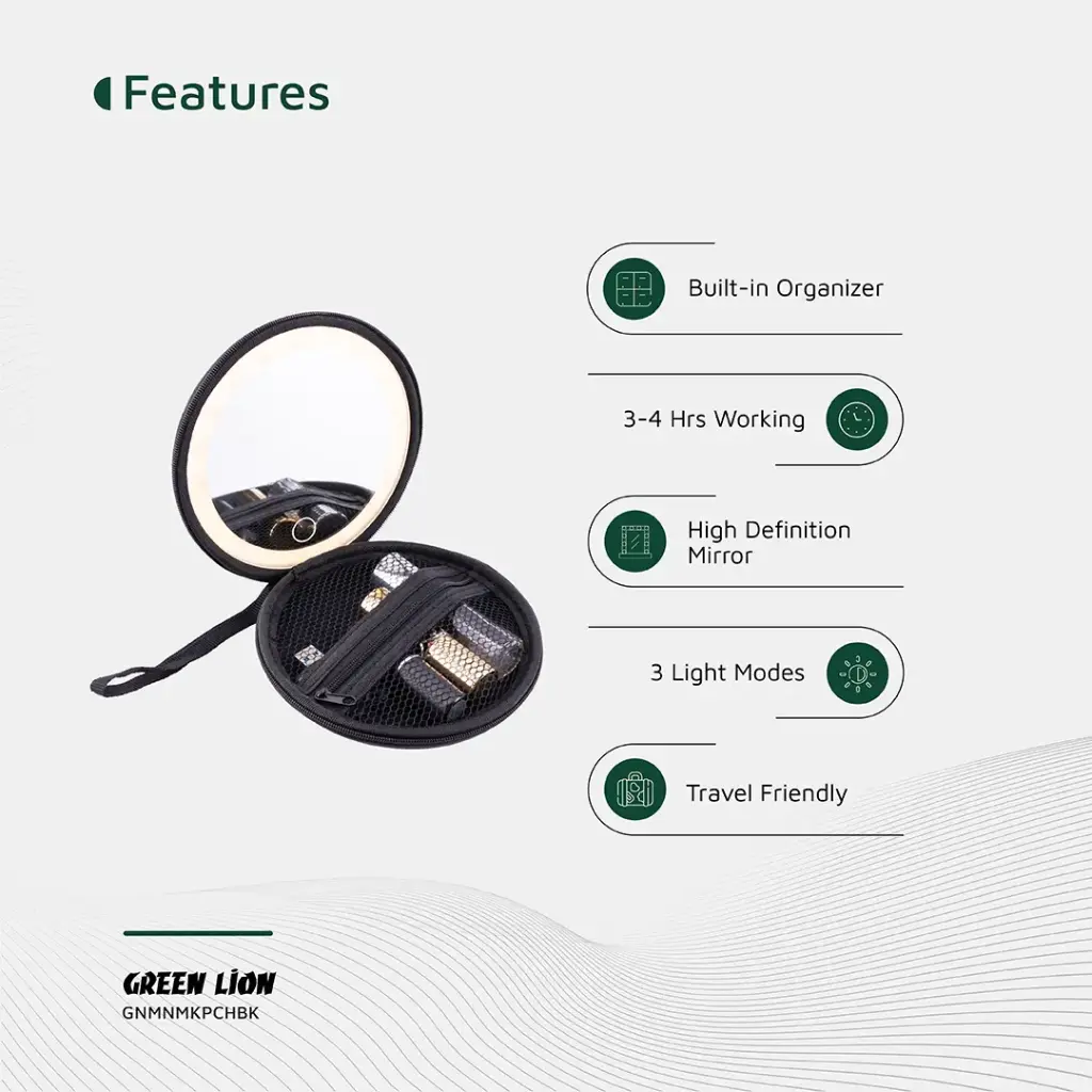کیف آرایش بانوان گرین لاین رینگ لایت دار مدل Green Lion Mini Makeup Pouch GNMNMKPCHBK