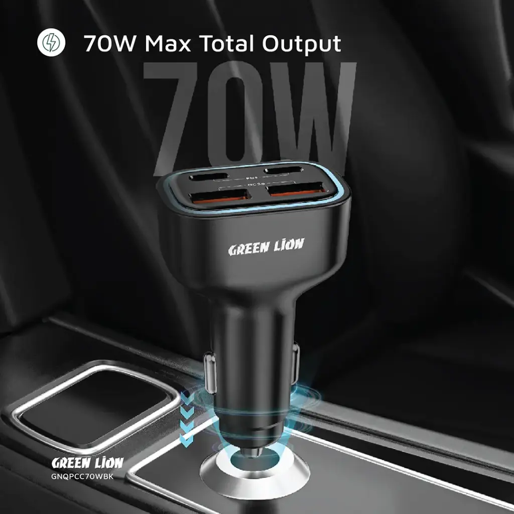 شارژر فندکی 70 وات گرین لاین 4 پورت مدل Green Lion Quad Port 70W Car Charger GNQPCC70WBK