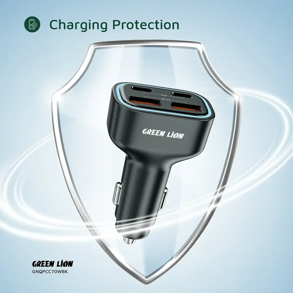 شارژر فندکی 70 وات گرین لاین 4 پورت مدل Green Lion Quad Port 70W Car Charger GNQPCC70WBK