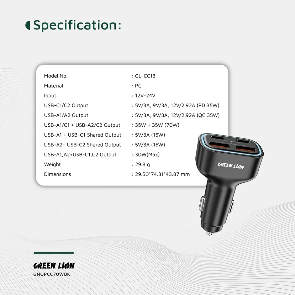 شارژر فندکی 70 وات گرین لاین 4 پورت مدل Green Lion Quad Port 70W Car Charger GNQPCC70WBK