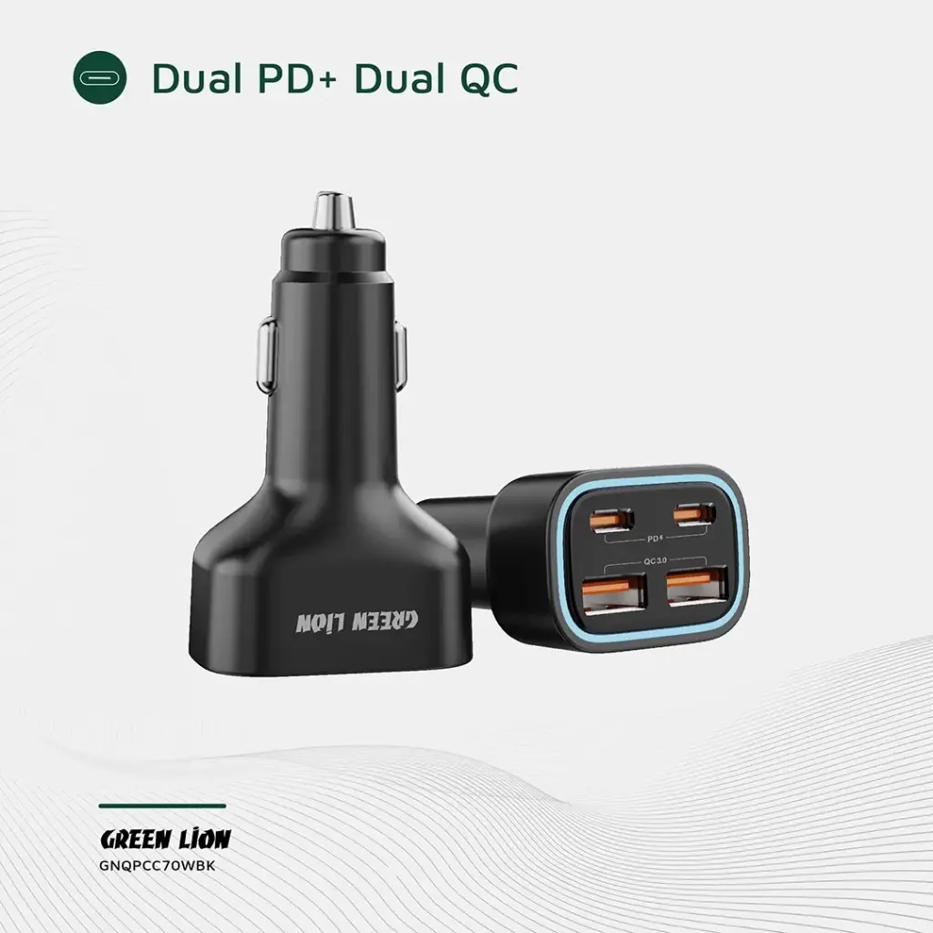 شارژر فندکی 70 وات گرین لاین 4 پورت مدل Green Lion Quad Port 70W Car Charger GNQPCC70WBK