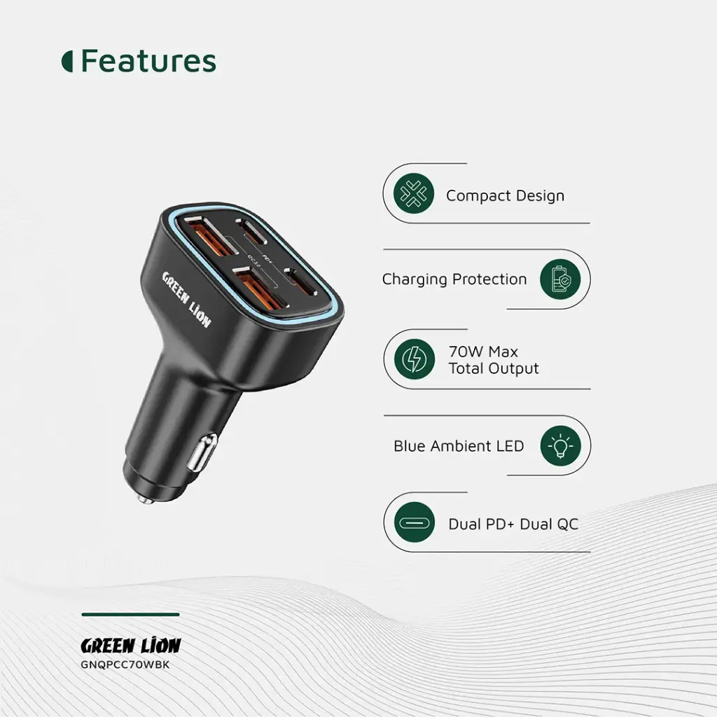 شارژر فندکی 70 وات گرین لاین 4 پورت مدل Green Lion Quad Port 70W Car Charger GNQPCC70WBK