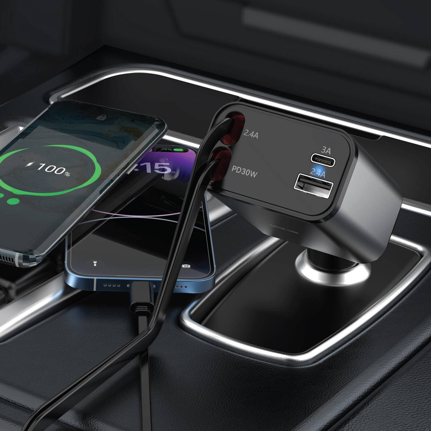شارژر فندکی گرین لاین 50 وات مدل Green Lion Retractable 50W Car Charger GNRCC50WBK