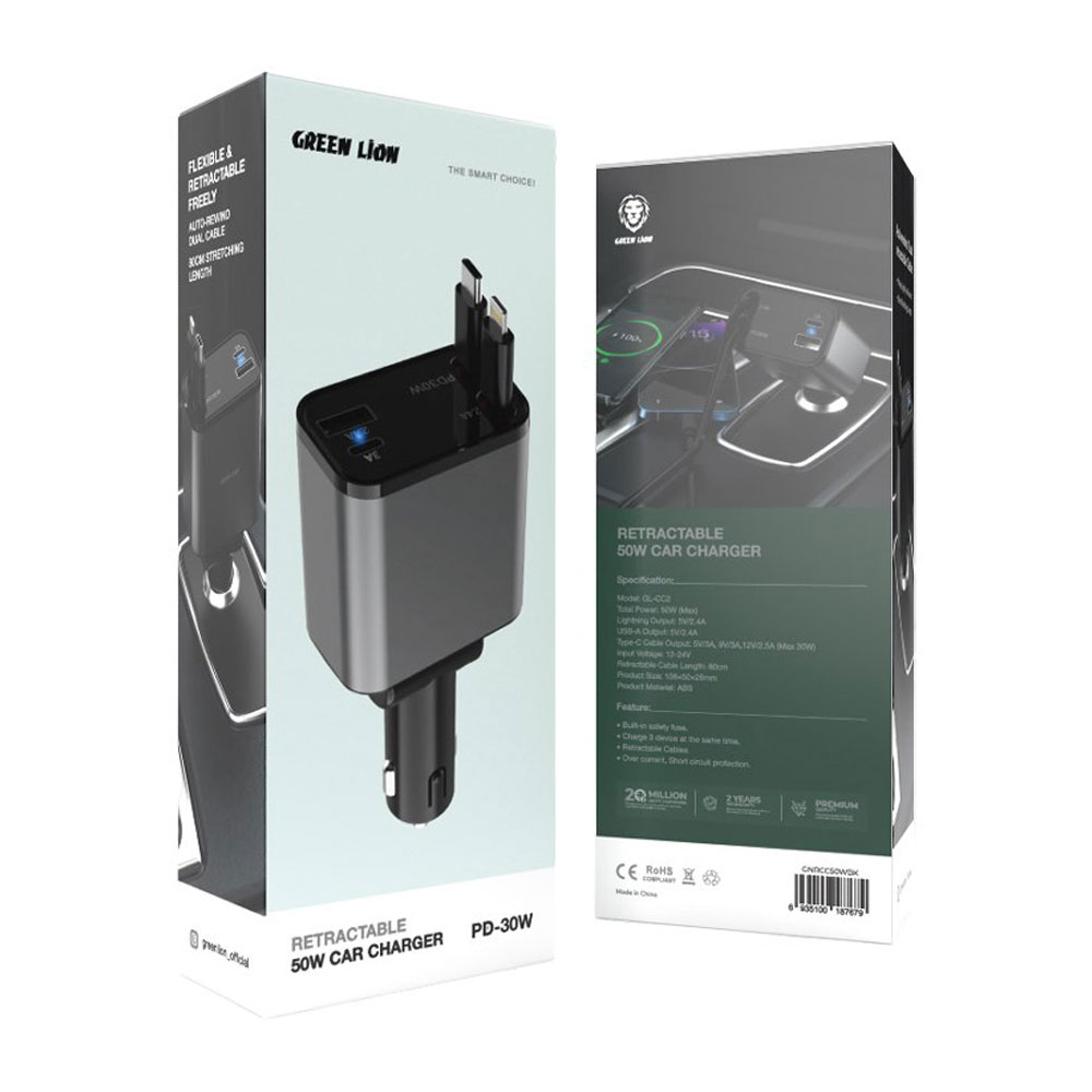شارژر فندکی گرین لاین 50 وات مدل Green Lion Retractable 50W Car Charger GNRCC50WBK