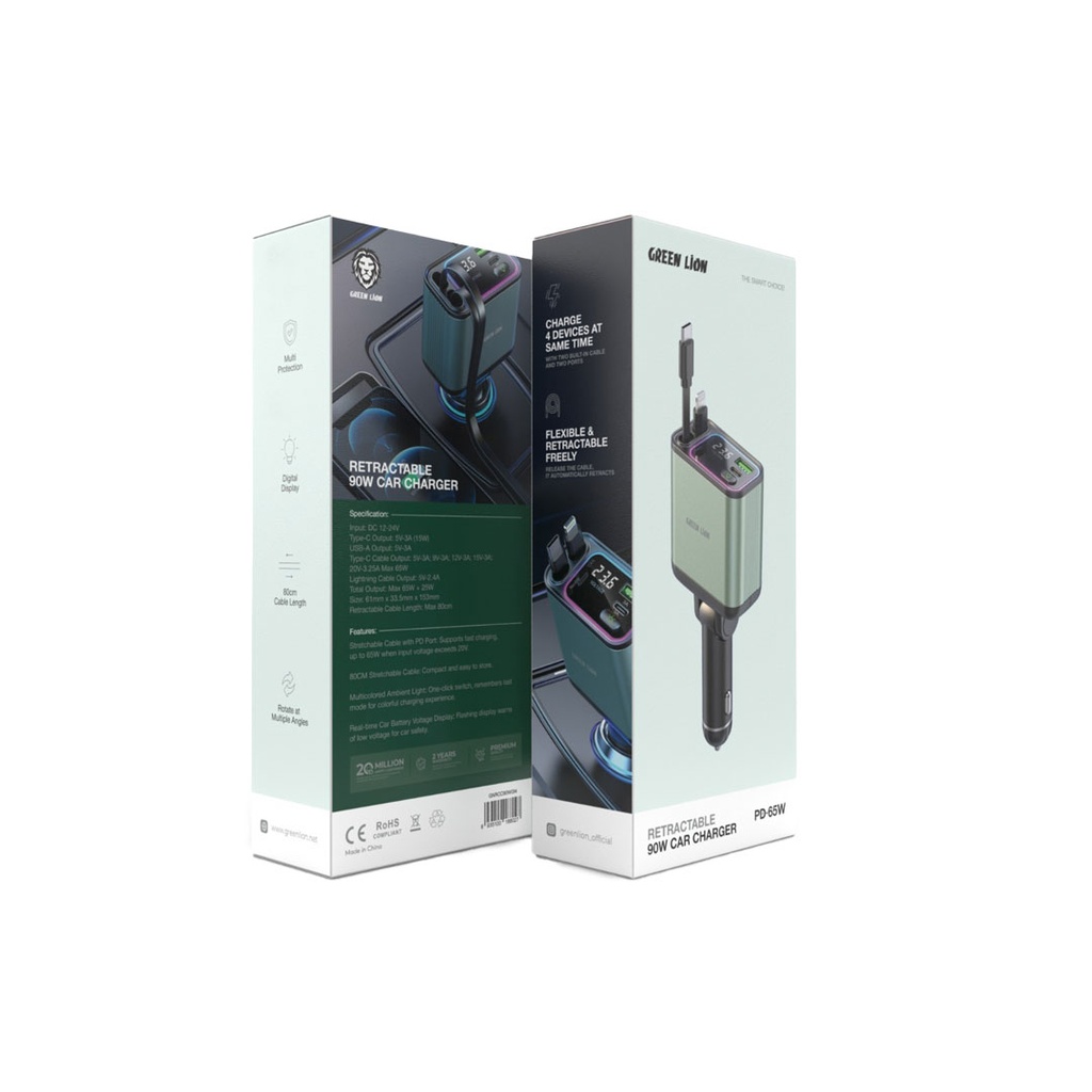 شارژر فندکی 90 وات گرین لاین مدل Green Lion Retractable 90W Car Charger GNRCC90WGN