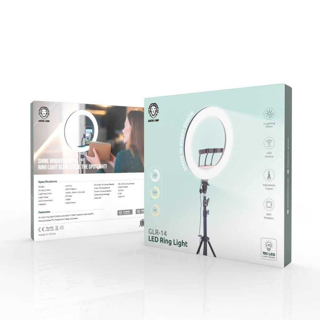 رینگ لایت گرین لاین 14 اینچی به همراه سه پایه مدل Green Lion Button Mode Ringlight 14