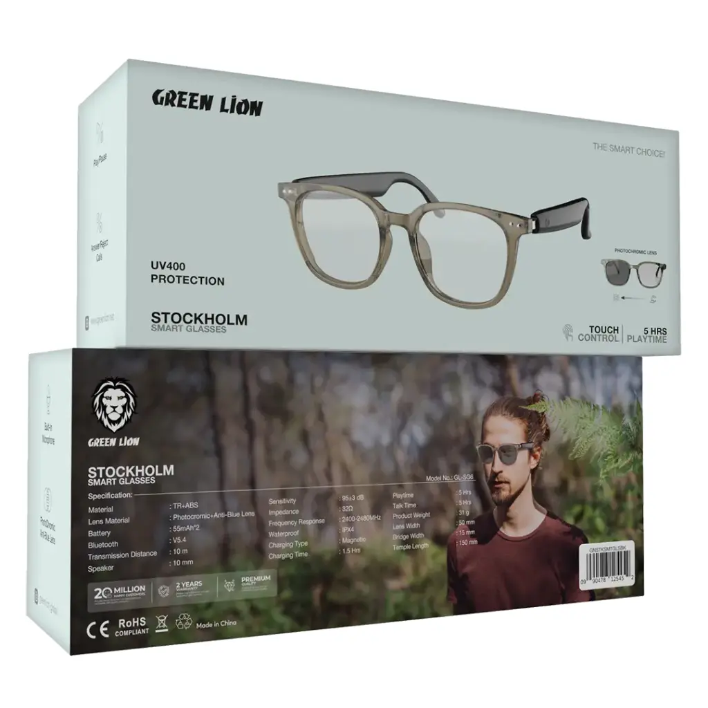 عینک هوشمند استکهلم گرین لاین مدل Green Lion Stockholm Smart Glasses GNSTKSMTGLSBK