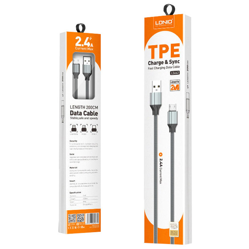 کابل شارژ USB به میکرو یو اس بی 2 متری الدینیو مدل LDNIO LS442 2.4A 1M USB To Type-C Fast Cable