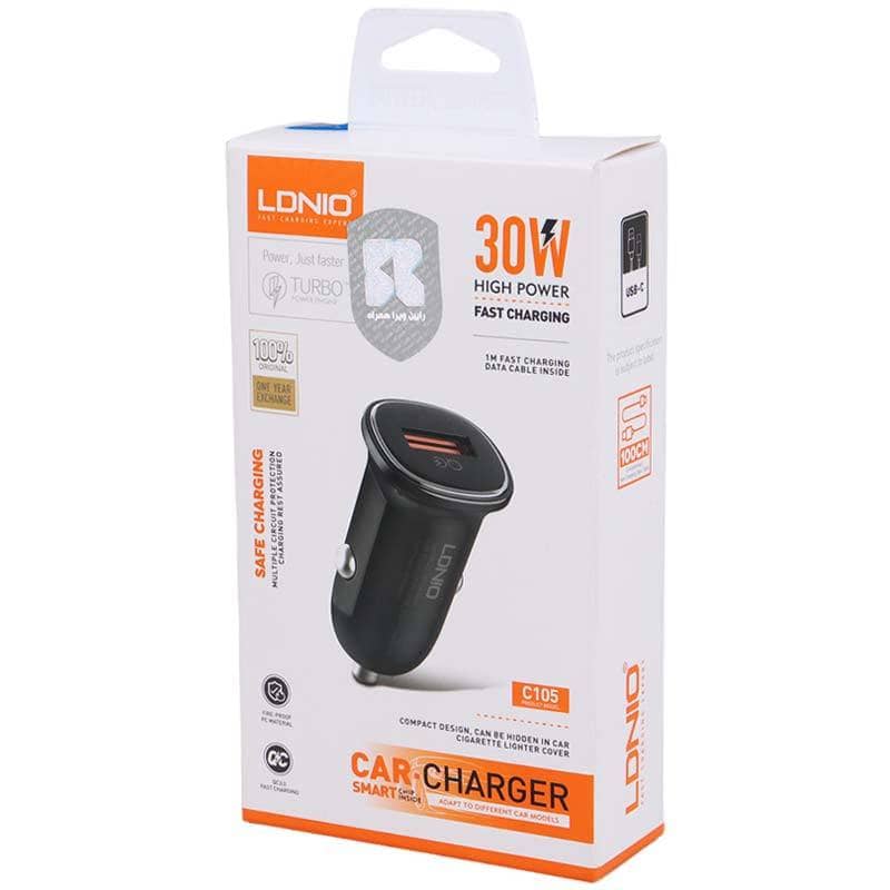 شارژر فندکی 30 وات الدینیو همراه کابل فست شارژ مدل Ldnio C105 QC3.0 PD 3A 30W Fast Car Charger