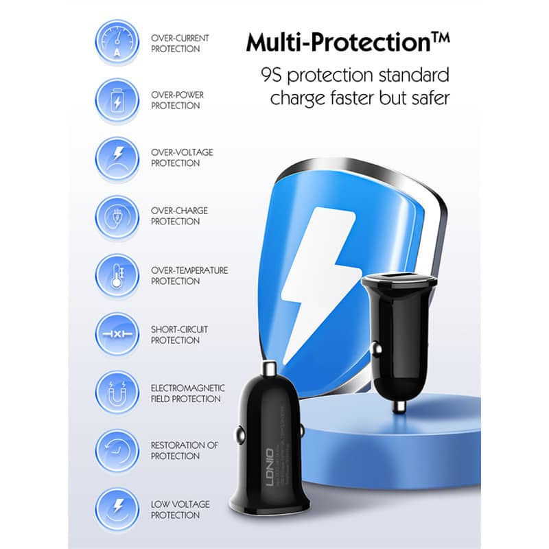 شارژر فندکی 30 وات الدینیو همراه کابل فست شارژ مدل Ldnio C105 QC3.0 PD 3A 30W Fast Car Charger