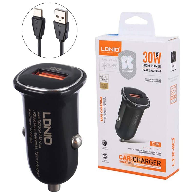 شارژر فندکی 30 وات الدینیو همراه کابل فست شارژ مدل Ldnio C105 QC3.0 PD 3A 30W Fast Car Charger
