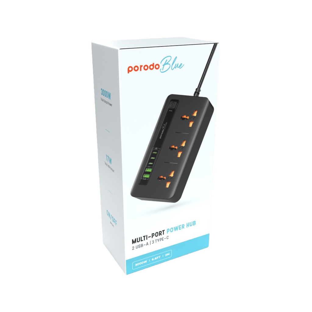 چندراهی و محافظ برق و شارژر پرودو مدل Porodo Blue 3 AC Power Socket With 2XUSB-A, 3XType-C 2M 3000W PB-3ACC2CM-BK