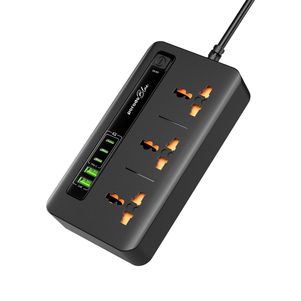 چندراهی و محافظ برق و شارژر پرودو مدل Porodo Blue 3 AC Power Socket With 2XUSB-A, 3XType-C 2M 3000W PB-3ACC2CM-BK
