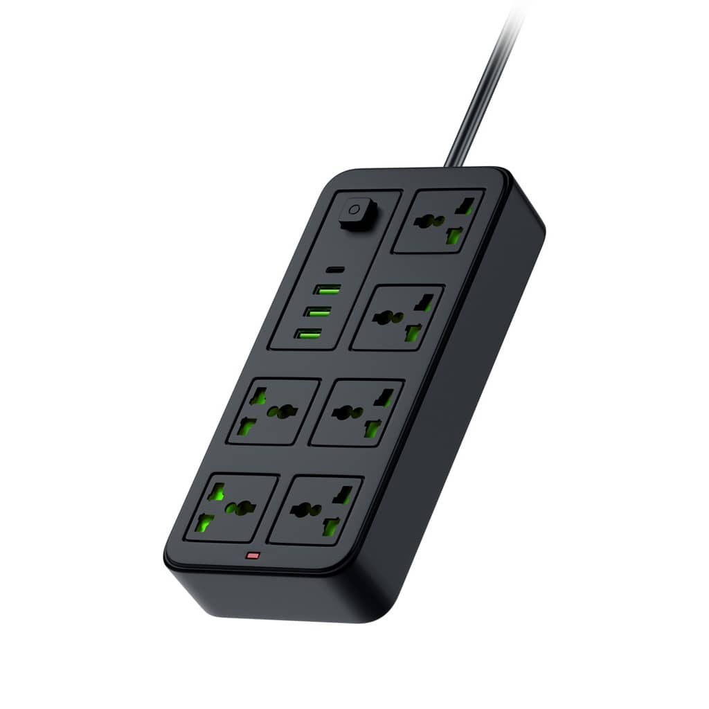 چندراهی برق و شارژر پرودو 6 خانه مدل Porodo Blue 6 Universal Sockets Power Strip PB-6ACPS1C3A-BK