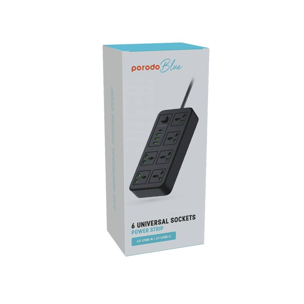 چندراهی برق و شارژر پرودو 6 خانه مدل Porodo Blue 6 Universal Sockets Power Strip PB-6ACPS1C3A-BK