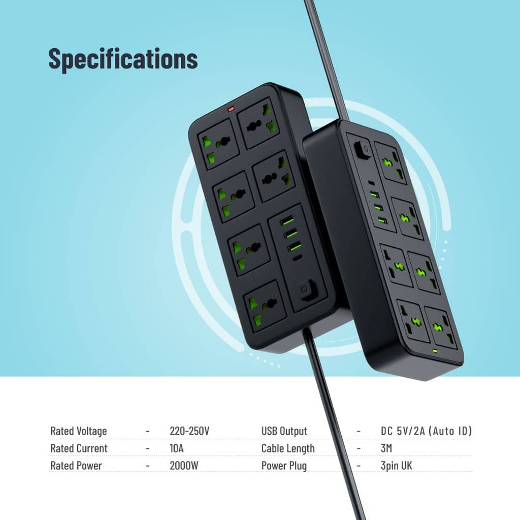 چندراهی برق و شارژر پرودو 6 خانه مدل Porodo Blue 6 Universal Sockets Power Strip PB-6ACPS1C3A-BK