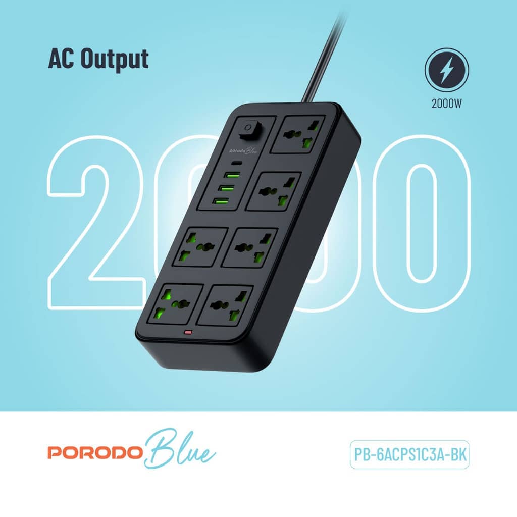 چندراهی برق و شارژر پرودو 6 خانه مدل Porodo Blue 6 Universal Sockets Power Strip PB-6ACPS1C3A-BK