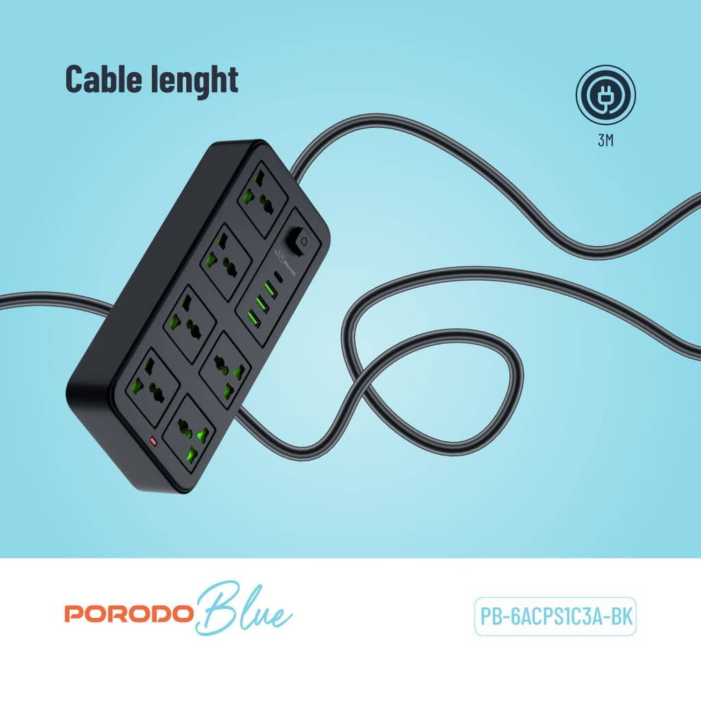چندراهی برق و شارژر پرودو 6 خانه مدل Porodo Blue 6 Universal Sockets Power Strip PB-6ACPS1C3A-BK
