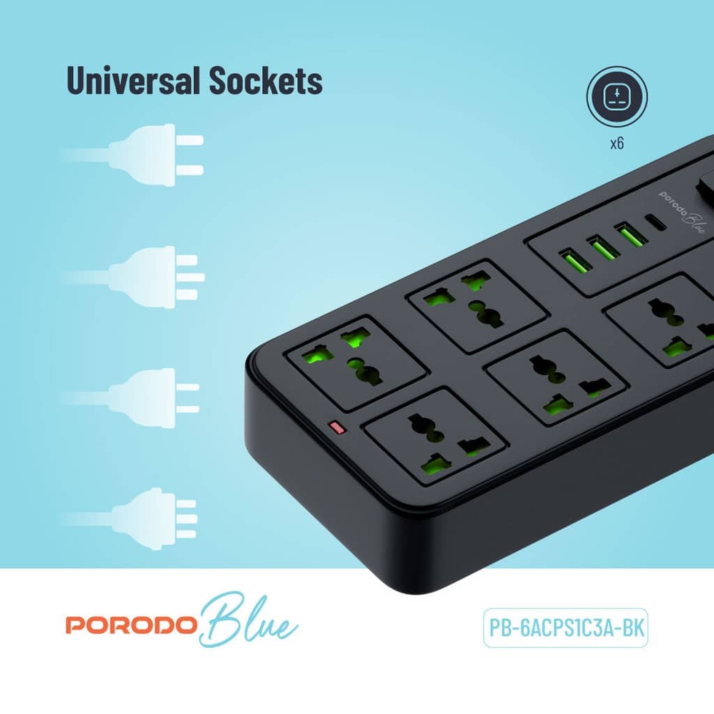 چندراهی برق و شارژر پرودو 6 خانه مدل Porodo Blue 6 Universal Sockets Power Strip PB-6ACPS1C3A-BK