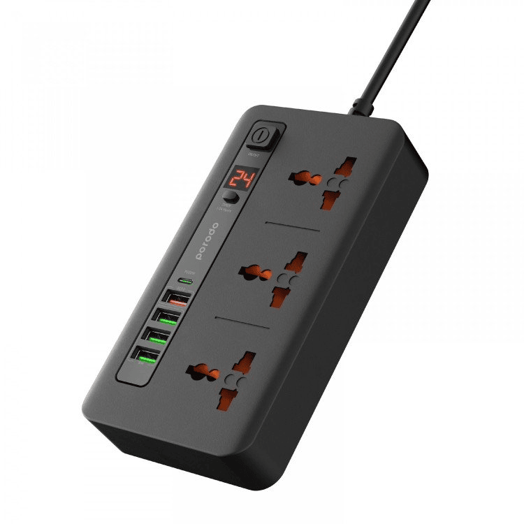 چند راهی برق 2 متری پرودو مدل Porodo Multi-Port Power HUB 4 USB-A/USB-C PD-FWCH013-BK