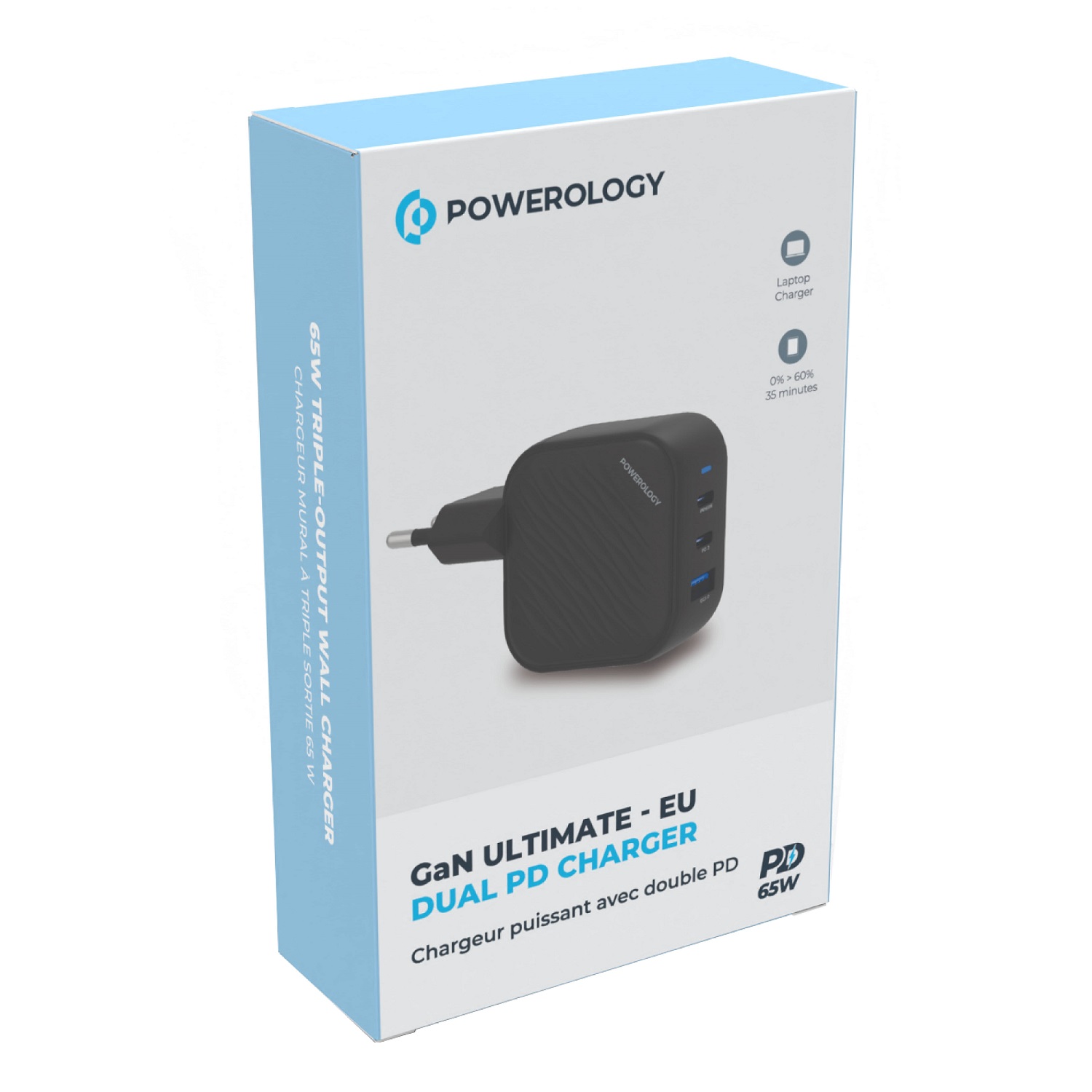 شارژر دیواری 65 وات پاورولوژی مدل Powerology GaN Ultimate-EU Dual PD Charger PWCUQC019 65W