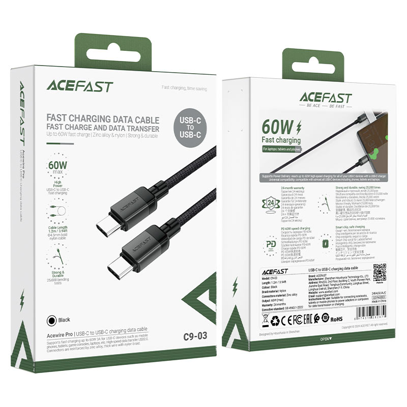 کابل شارژ 1.2 متری دو سر Type-c ایس فست 60 وات Charging Data Cable C9-03 USB-C to USB-C 60W