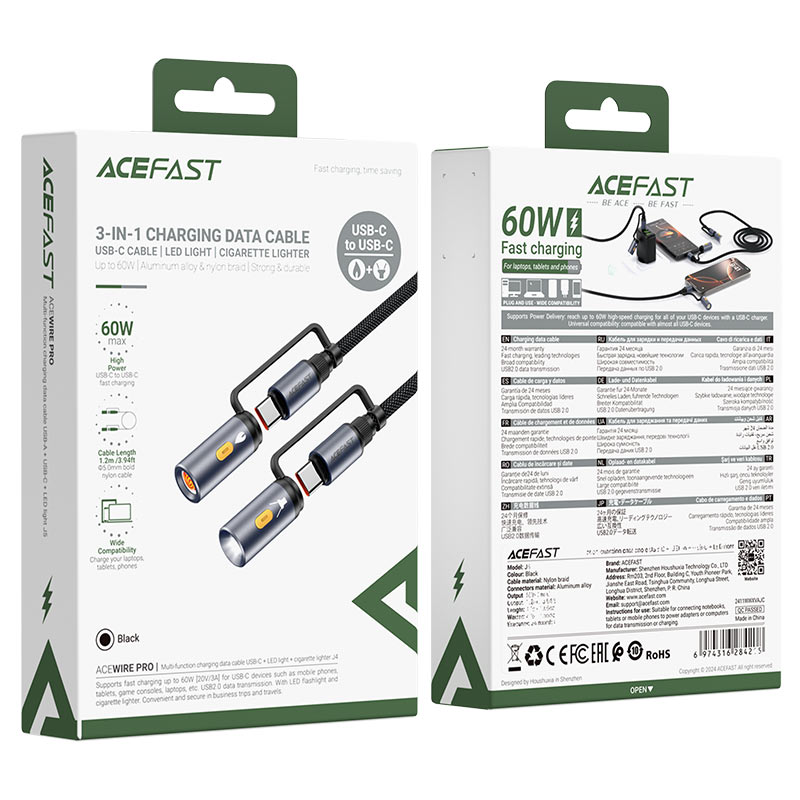 کابل شارژ 1.2 متری Type-C به Type-C چندکاره ایس فست 60 وات مدل Charging Data Cable J4 USB-C / LED light / cigarette lighter