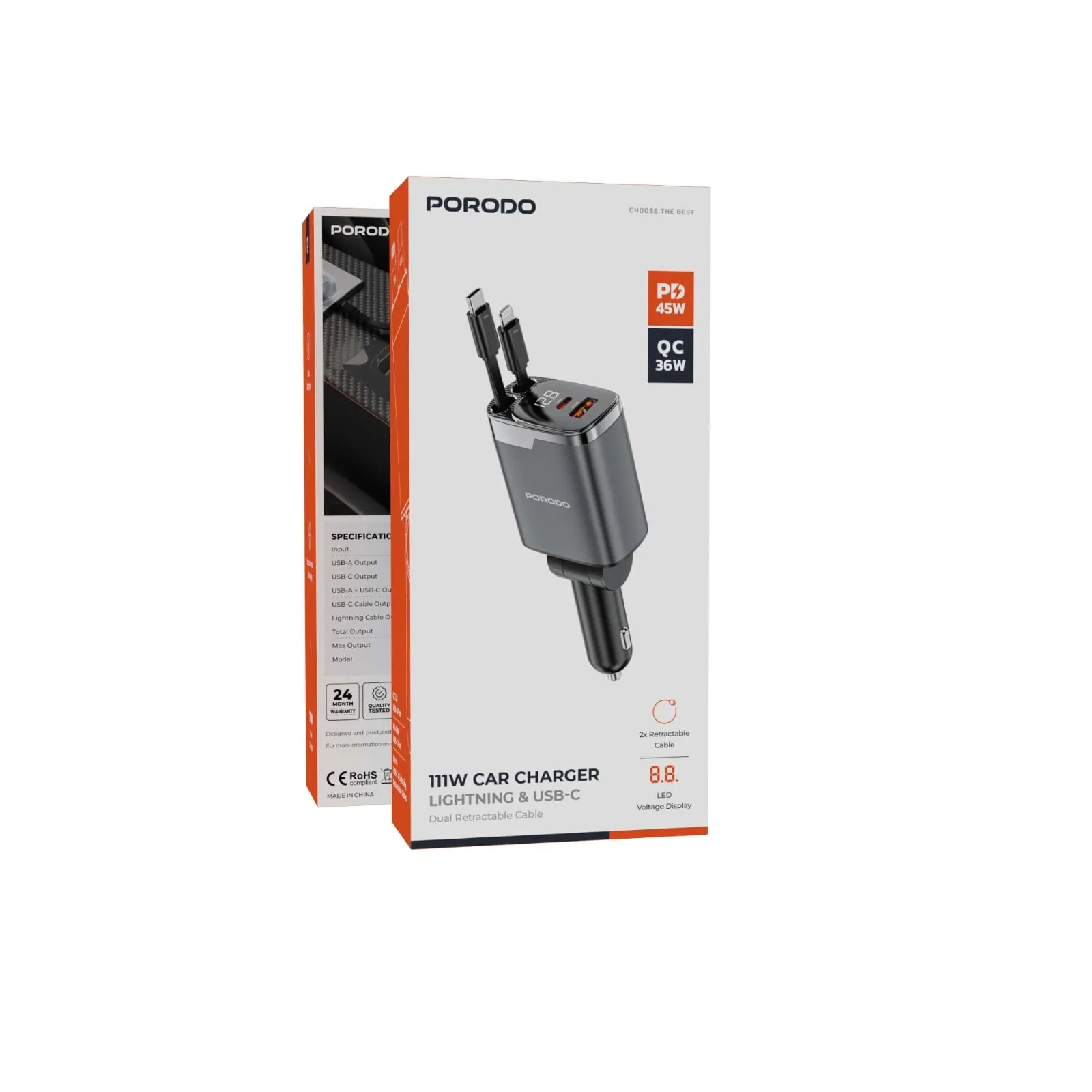 شارژر فندکی 111 وات پرودو به همراه کابل متصل مدل Porodo 111W Car Charger with Lightning & Type-C Retractable Cables PDC46PGY