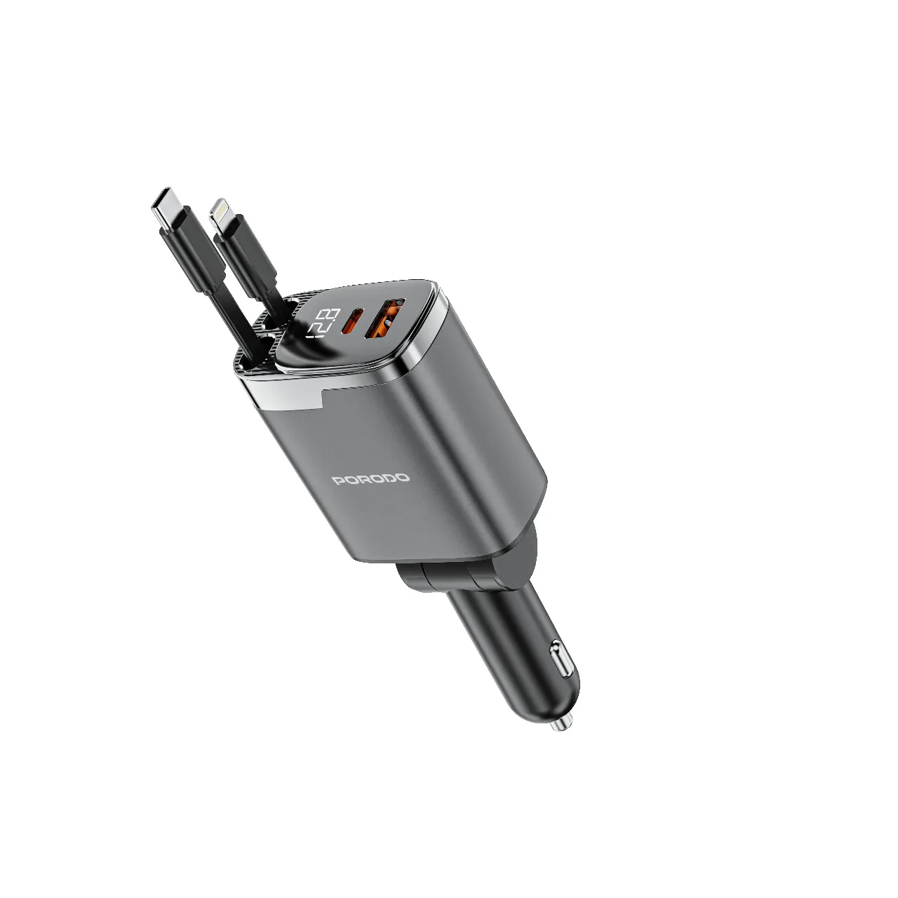 شارژر فندکی 111 وات پرودو به همراه کابل متصل مدل Porodo 111W Car Charger with Lightning & Type-C Retractable Cables PDC46PGY