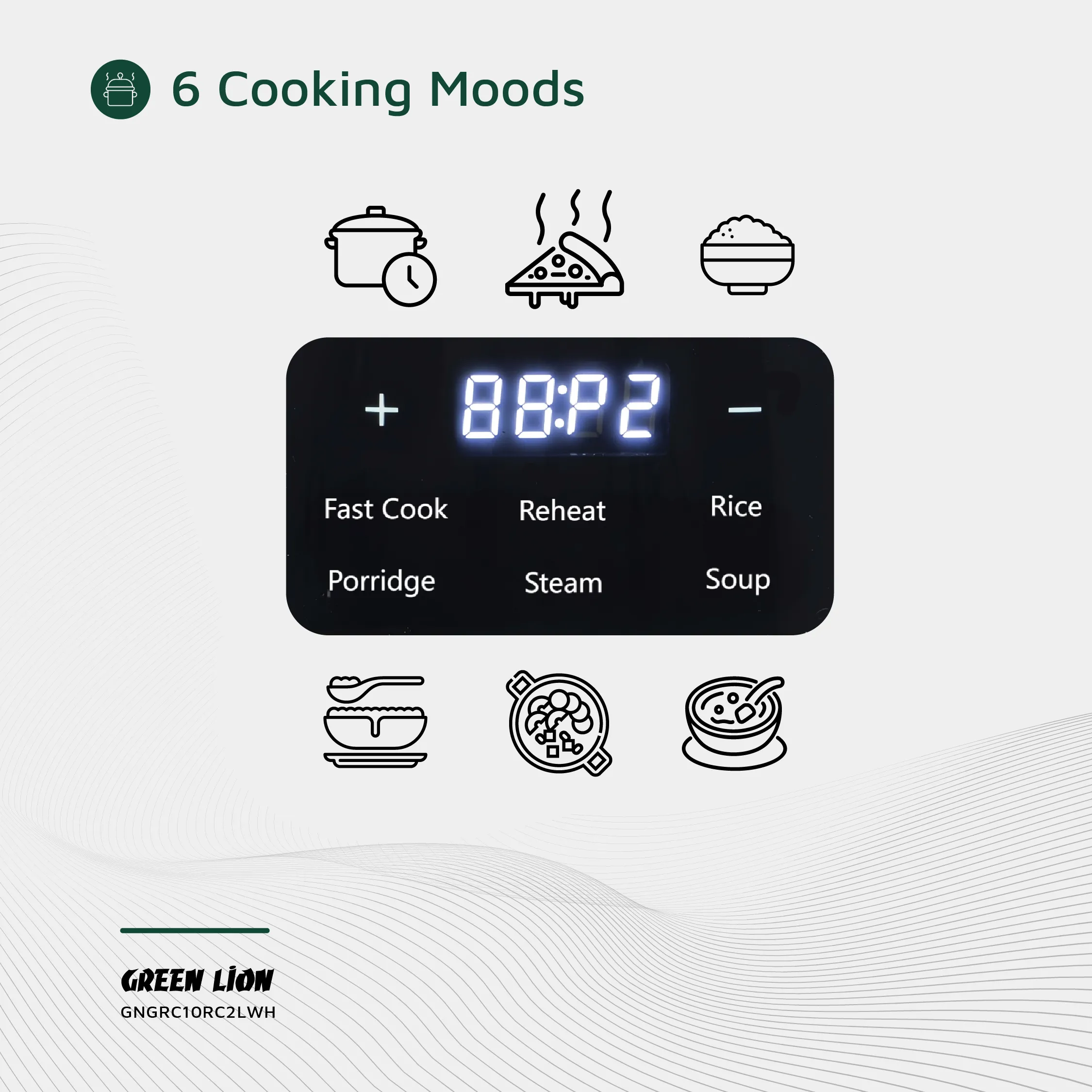 پلوپز 2 لیتری دیجیتال گرین لاین مدل Green Lion GRC-10 Digital Rice Cooker 2L GNGRC10RC2LWH