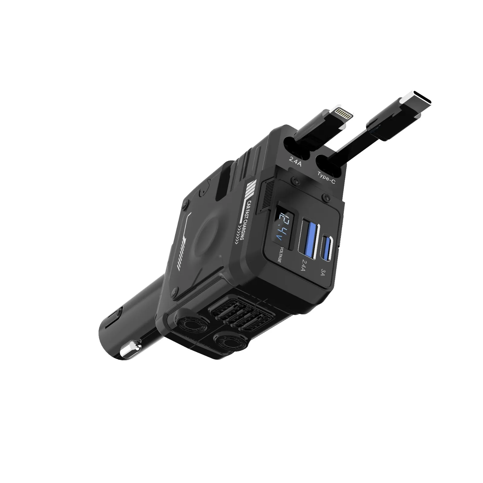 شارژر فندکی 66 وات پرودو به همراه کابل متصل مدل Porodo 66W Car Charger Lightning & Type-C PDFWCH029BK