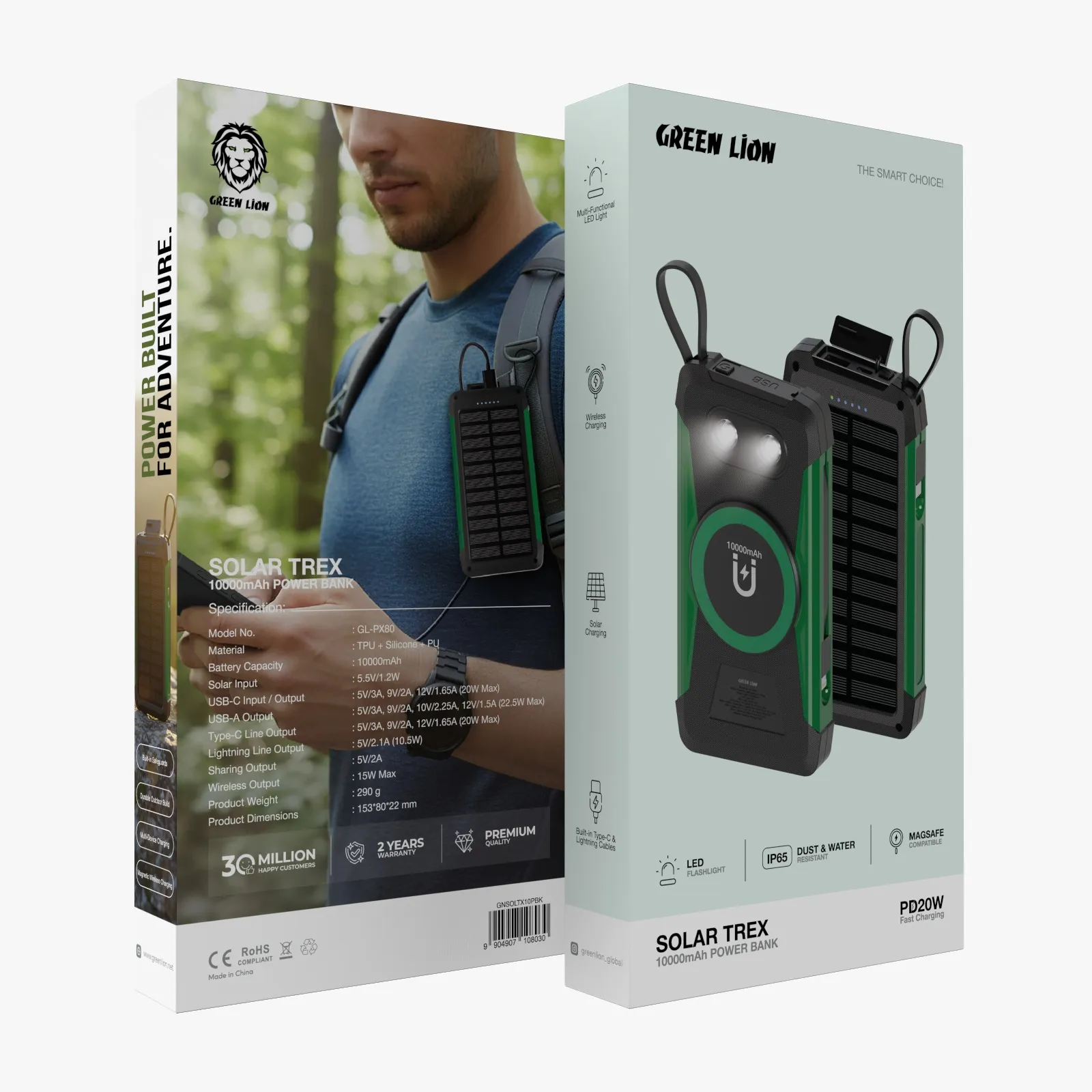 پاوربانک خورشیدی گرین لاین 10000 میلی آمپر مدل Green Lion Solar Trex 10000mAh Power Bank GNSOLTX10PBK