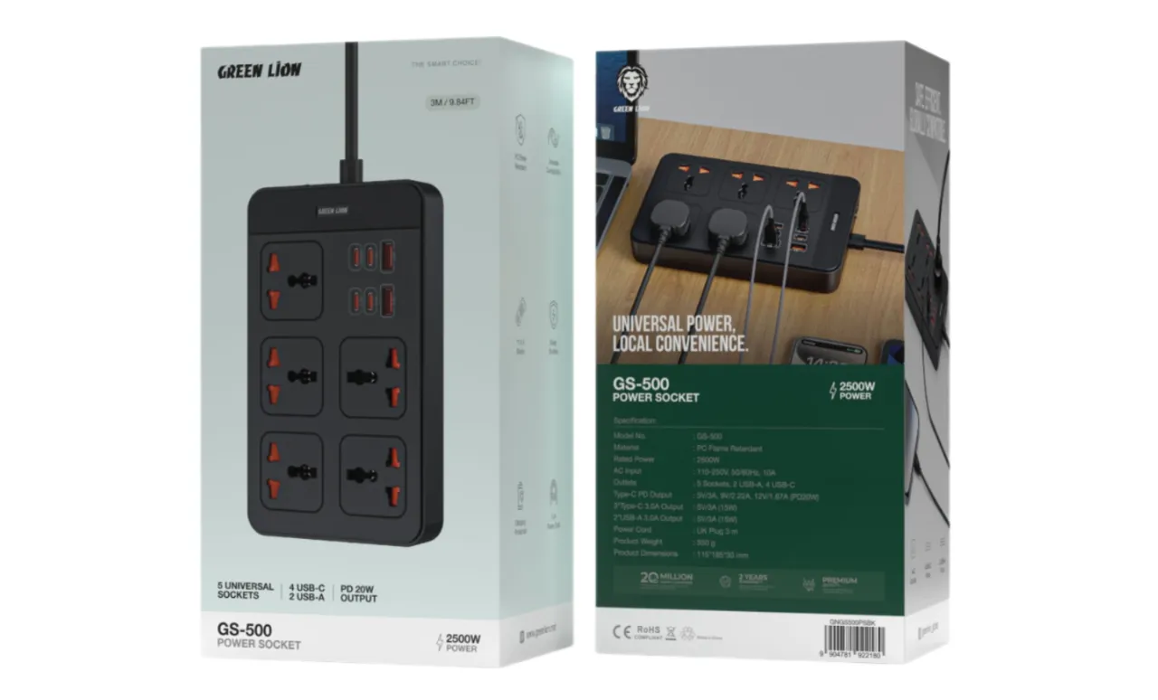 چند راهی برق 3 متری گرین لاین مدل Green Lion GS 500 Power Socket PD 20W GNGS500PSBK