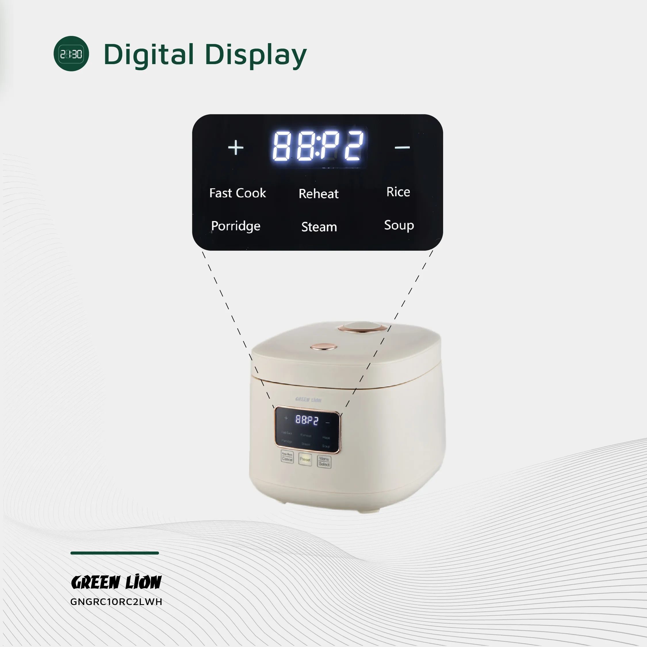 پلوپز 2 لیتری دیجیتال گرین لاین مدل Green Lion GRC-10 Digital Rice Cooker 2L GNGRC10RC2LWH